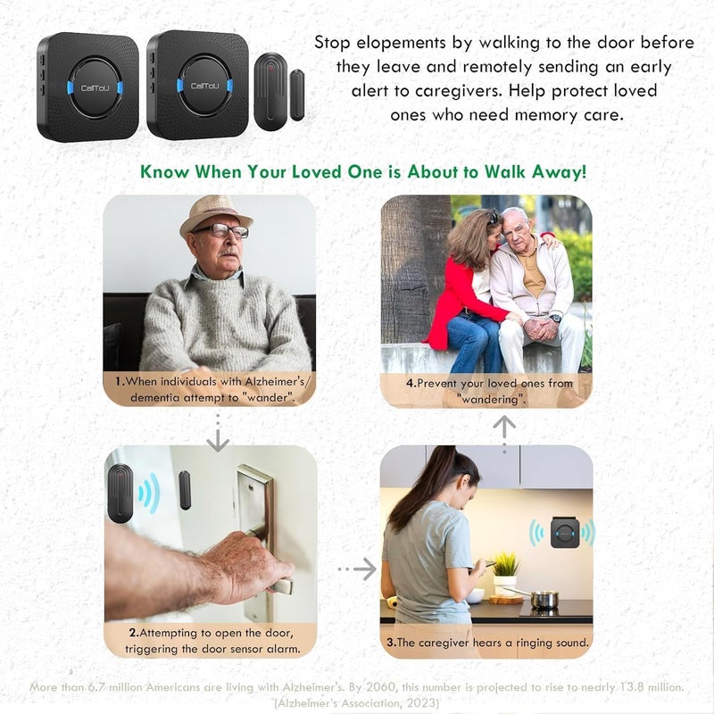 CallToU Caregiver Pager Door Chime for Dementia/Patients/Alzheimers /Kids Safety/Home Security, Door Sensor Alarm with 2 Sensor and 2 Plug-in Receiver, 500FT Wireless Range - Image 5